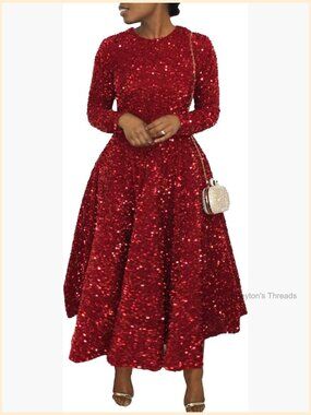 Sequin Maxi Dress Plus Size Long Sleeve A-Line Sparkle Glitter Party Formal